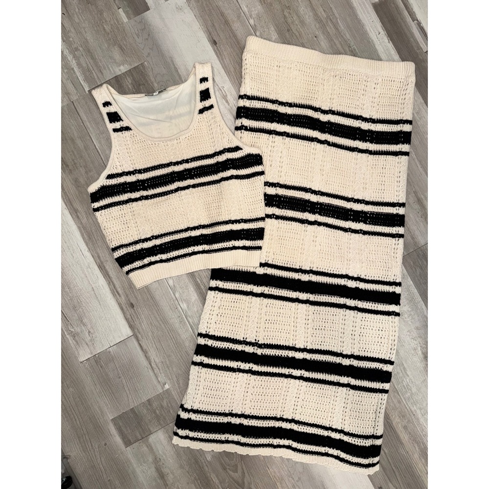 Freshman 1996 Skirt Set Women Cream Black Striped Crochet Knit 2 Piece Large